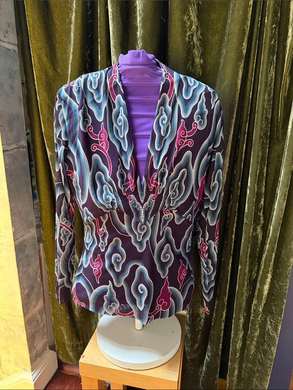 Vintage Vivienne Tam stretch mesh long-sleeve with deep v-neck.